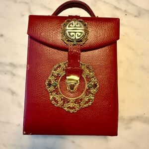 Vintage Red Leather Jewelry Travel Case with Gold Accents and Jade Medallion